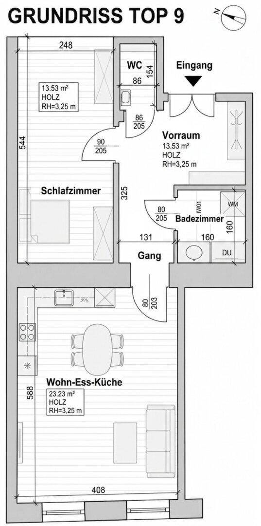 Grundriss der Wohnung Top 9 mit Schlafzimmer, Badezimmer, separatem WC und offener Wohn-Ess-Küche.
