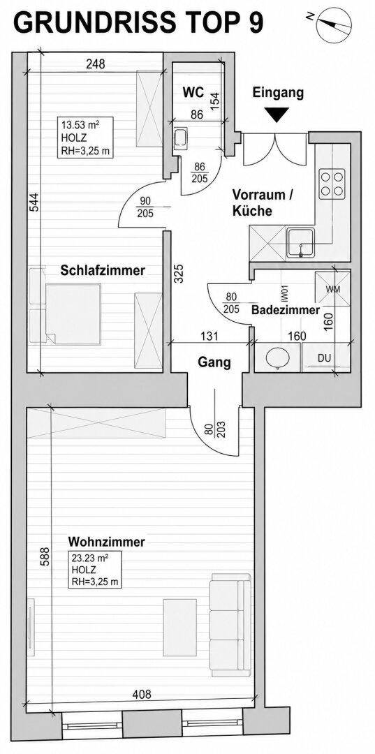 Grundriss der Wohnung Top 9 mit Schlafzimmer, Badezimmer, separatem WC und einer Küche im Vorraum.
