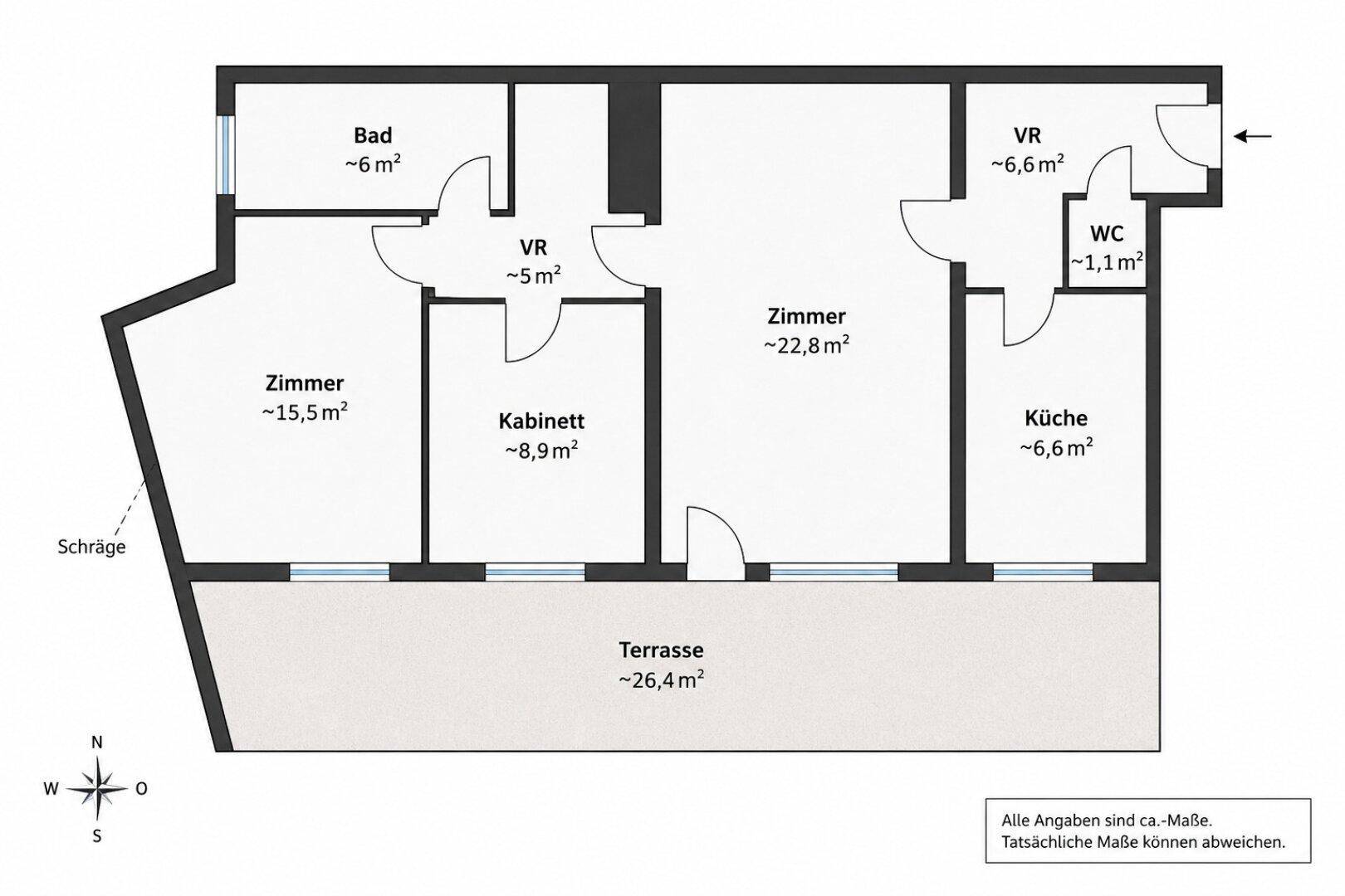 Grundrissplan mit mehreren Zimmern, Bad, WC, Küche und einer großen Terrasse von 26,4 m².