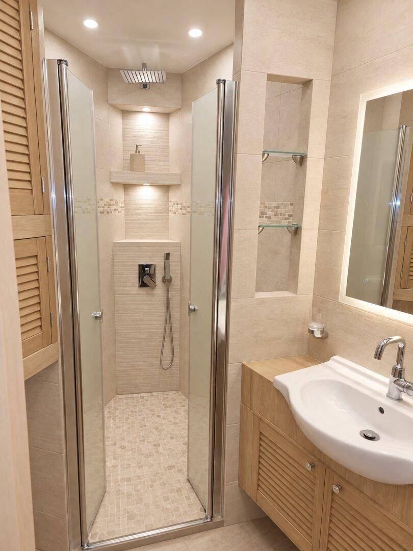 Duschbereich in einem modernen Badezimmer mit Regendusche und beigen Fliesen.