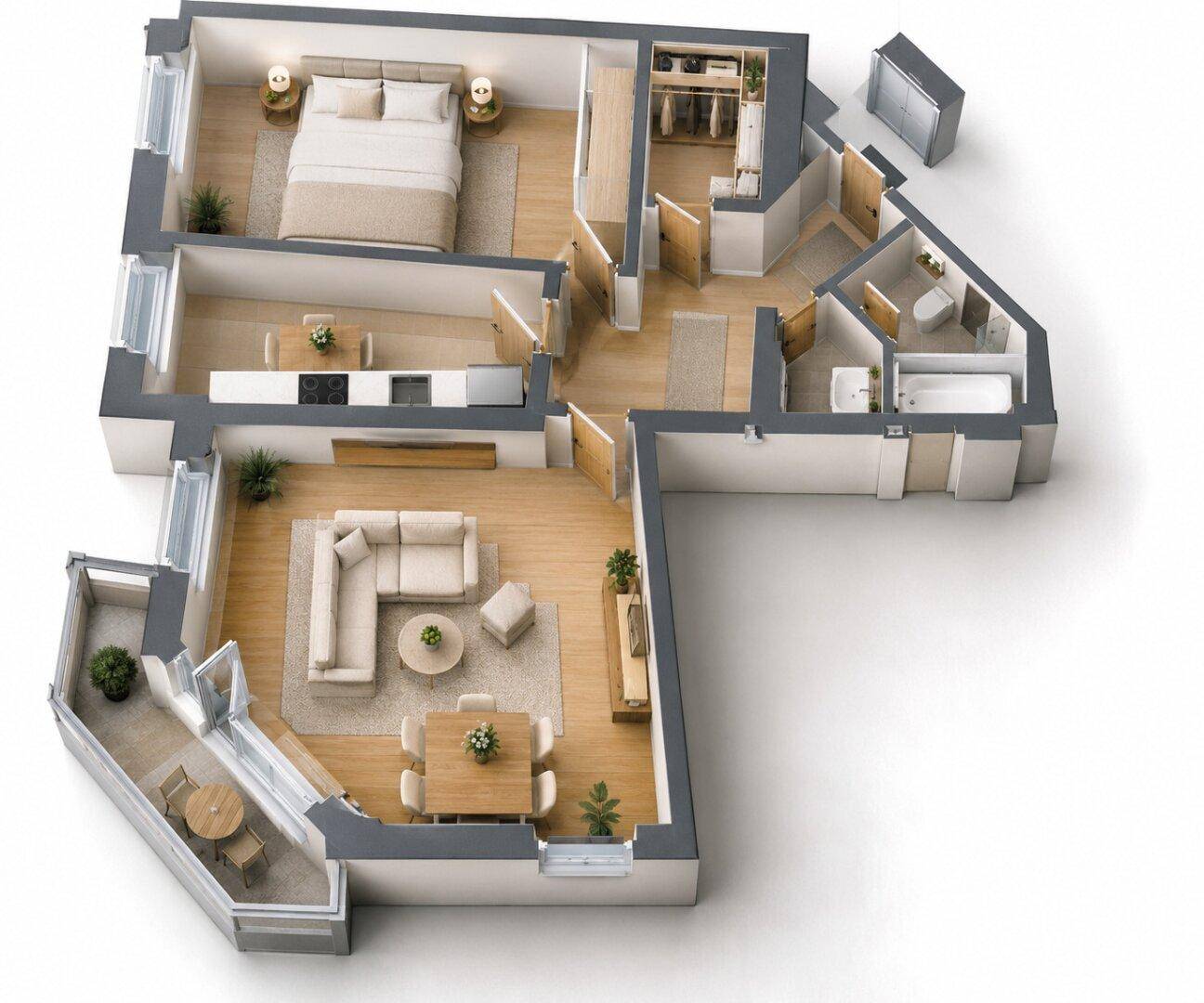 Dreidimensionaler Grundriss einer Wohnung mit offenem Wohnbereich und Balkon.