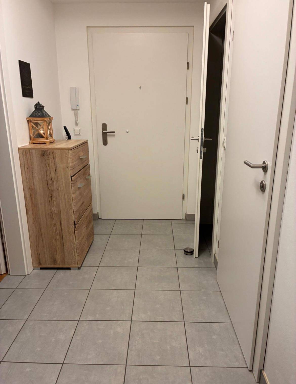 Heller Eingangsbereich mit modernen grauen Fliesen, einem Holzschrank und mehreren weißen Türen.