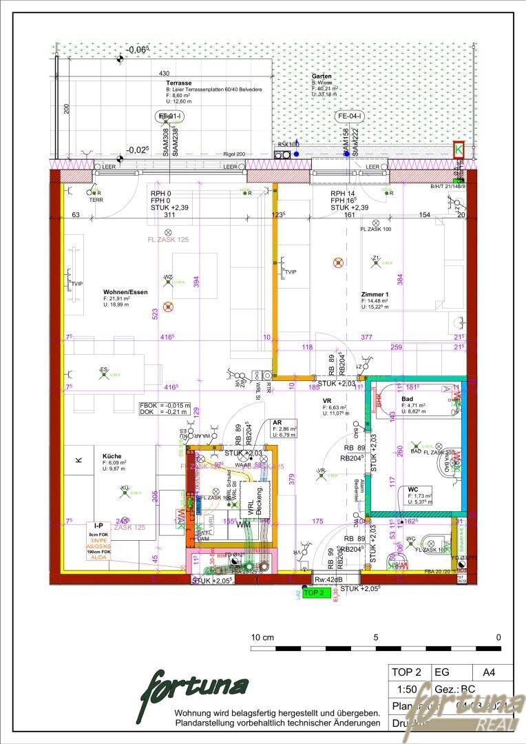 Detaillierter Grundriss einer Wohneinheit mit Terrasse, Garten, Wohn-Essbereich und Bad.