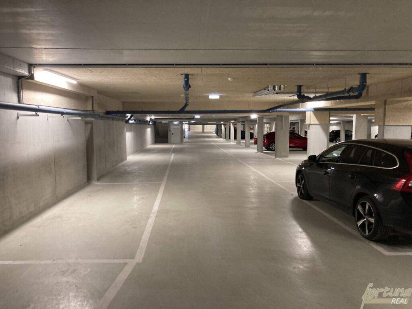 Weitläufige Tiefgarage mit markierten Parkplätzen und moderner Infrastruktur.