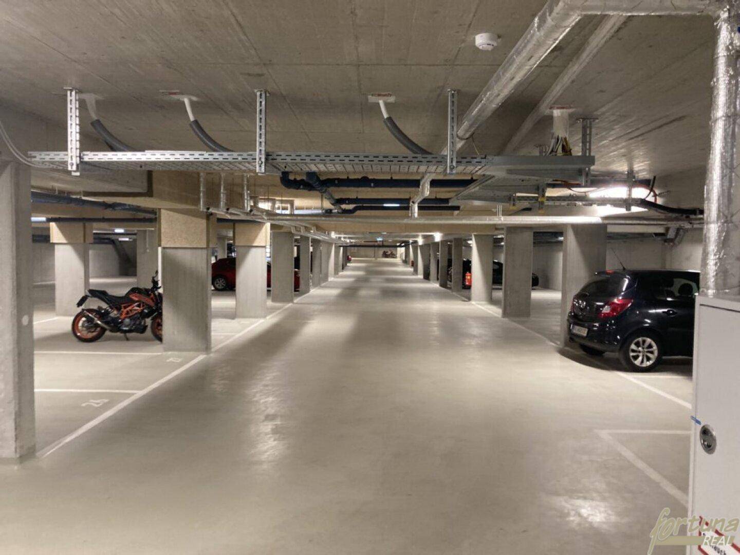 Geräumige Tiefgarage mit vielen Stellplätzen und guter Beleuchtung für Fahrzeuge.