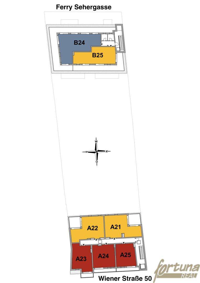 Übersichtsplan der obersten Etage mit Penthouse-Einheiten.