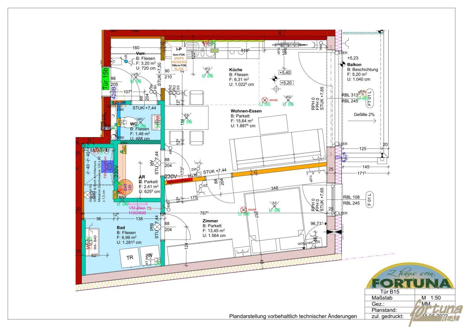 Grundriss einer Wohnung mit Küche, Wohn-Essbereich, Schlafzimmer, Bad und Balkon.
