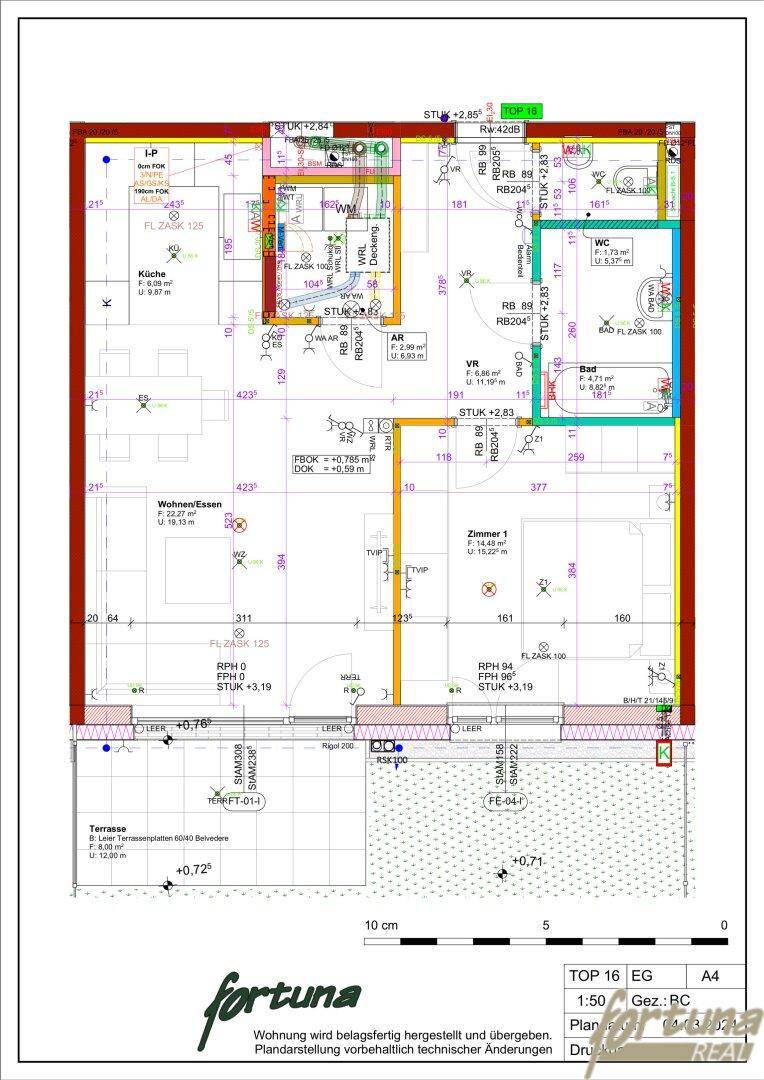 Detaillierter Grundriss einer Wohnung mit offenem Wohn-/Essbereich, einem Schlafzimmer, Bad und separatem WC sowie einer Terrasse.