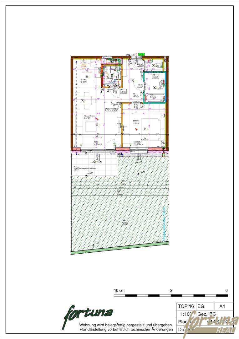 Übersichtlicher Grundriss einer Wohnung mit Wohn-/Essbereich, Schlafzimmer, Bad, separatem WC und einer großzügigen Terrasse mit Gartenanteil.