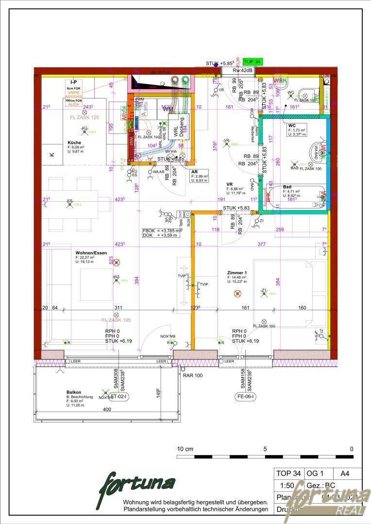 Grundriss einer Wohnung mit offenem Wohn-Essbereich, separater Küche, Schlafzimmer, Bad, WC und Balkon.