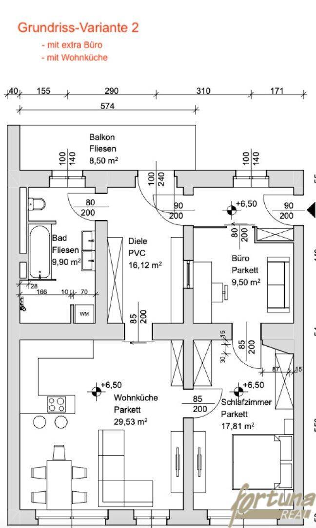Grundriss-Variante 2 mit Wohnküche, Büro und Balkon, detailliert dargestellt.