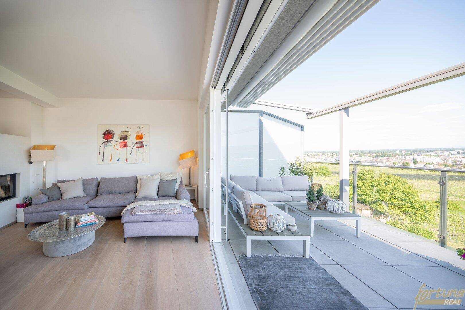 Gemütliches Wohnzimmer mit Kamin, bequemer Sitzecke und direktem Zugang zur möblierten Dachterrasse.