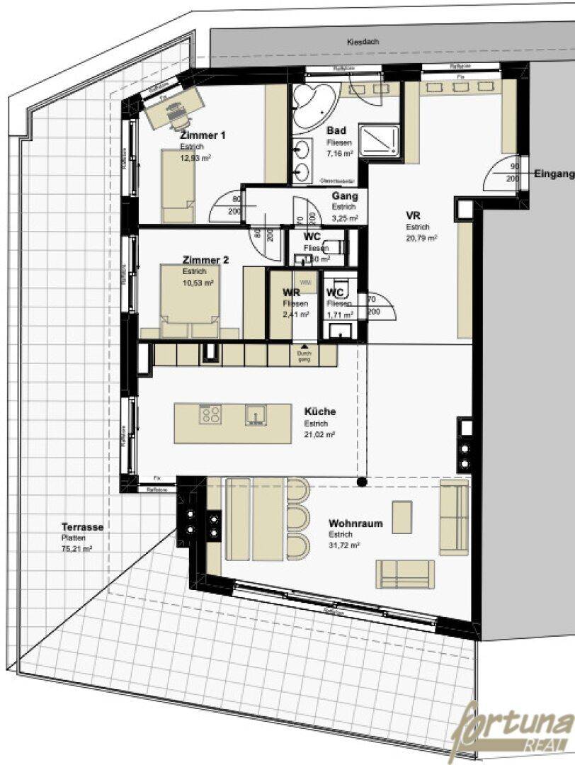 Detaillierter Grundriss der Wohnung mit Wohnraum, Küche, Schlafzimmern und großer Terrasse.
