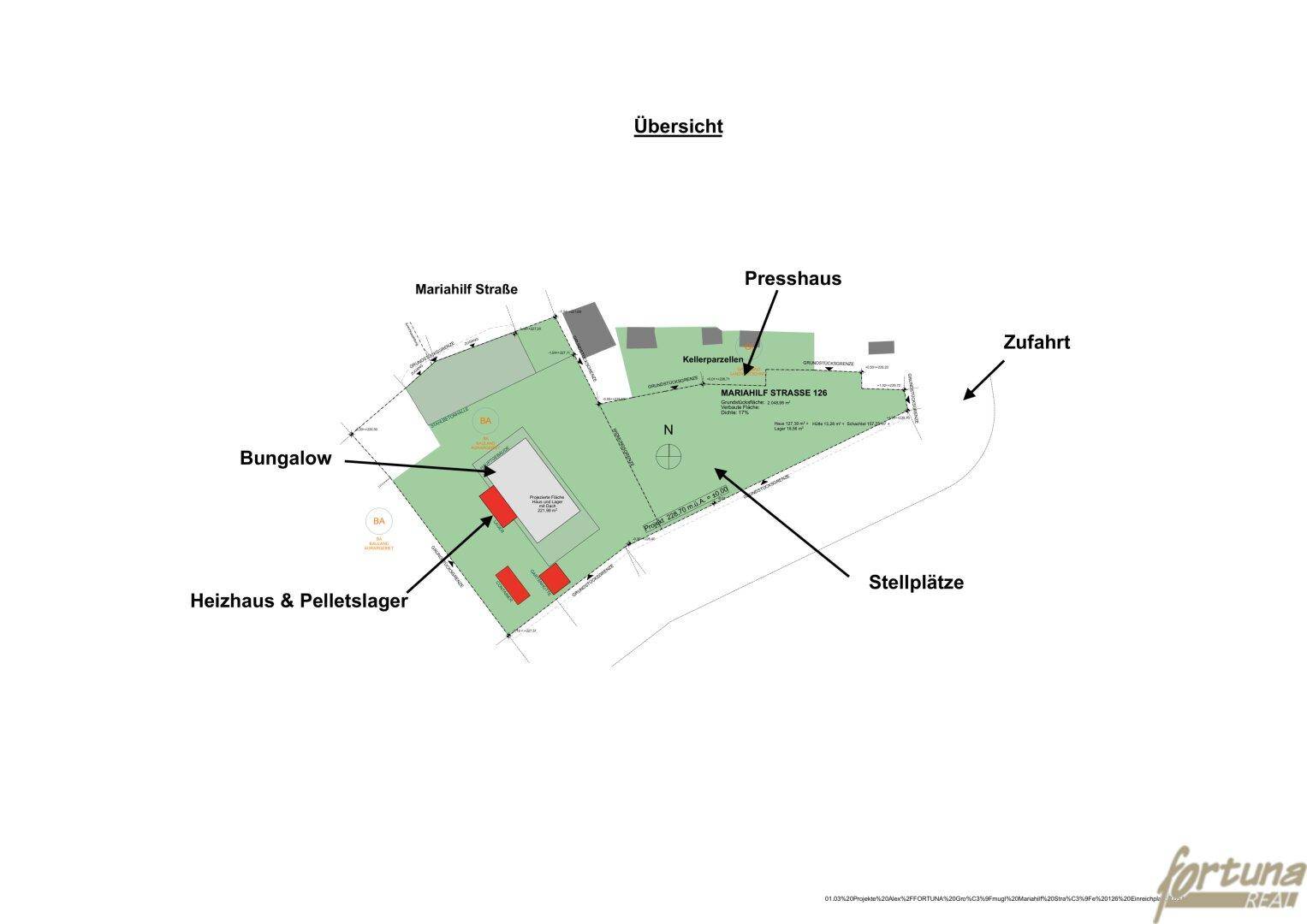 Übersichtskarte des Grundstücks mit Bungalow, Presshaus und Stellplätzen.