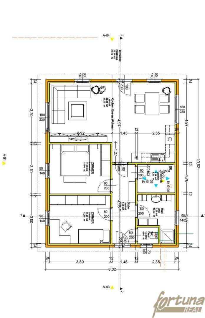 Grundriss des Hauses mit Aufteilung in Wohn-, Schlaf- und Sanitärbereiche.