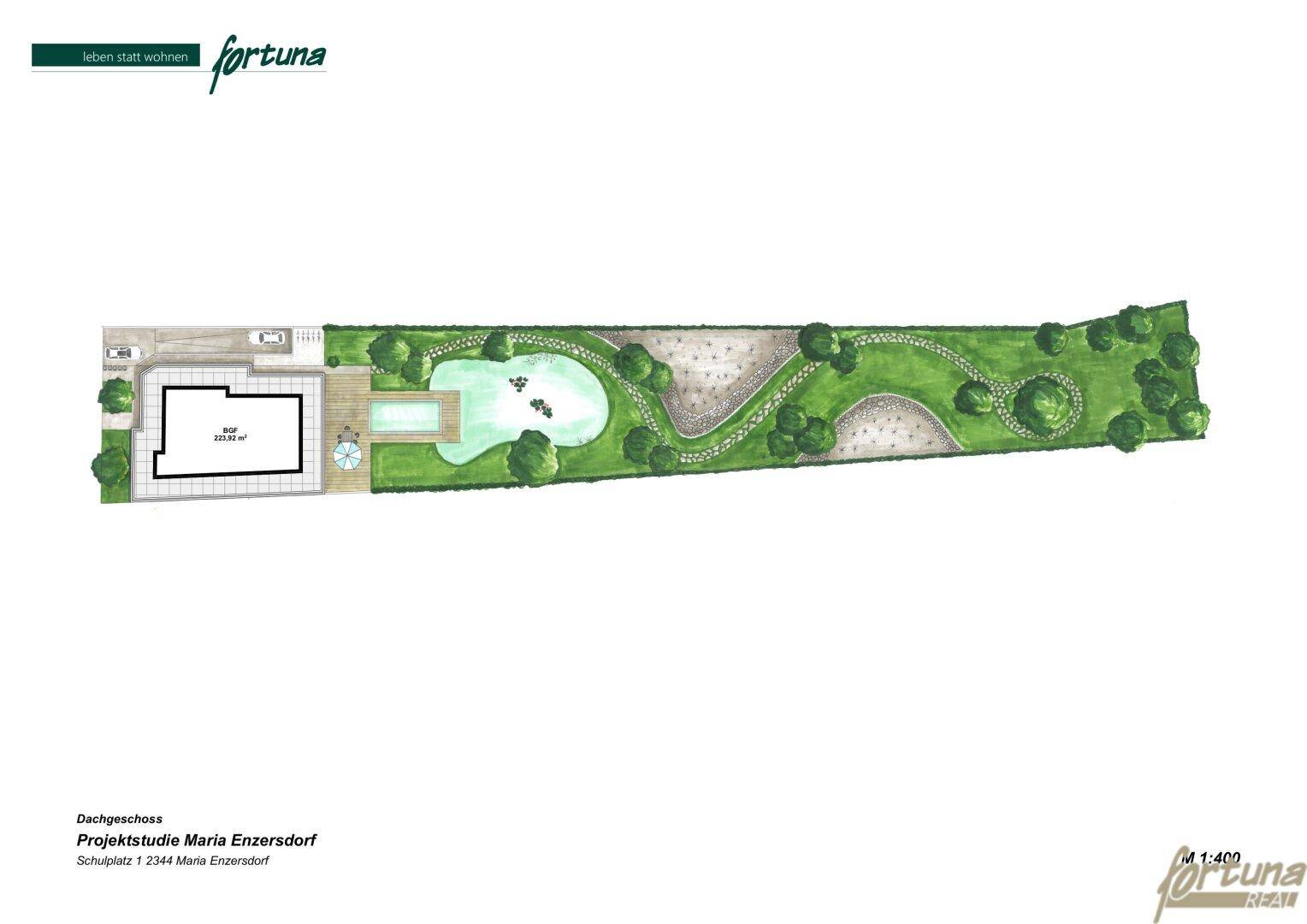Dachgeschoss-Grundriss mit integriertem Garten- und Poolbereich, detailliert dargestellt im Entwurf.