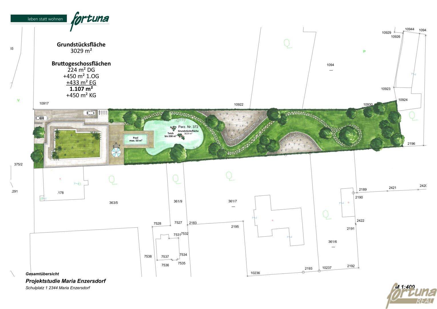 Gesamtprojektstudie mit detailliertem Gartenentwurf, Poolbereich und Grundstücksflächenangaben.