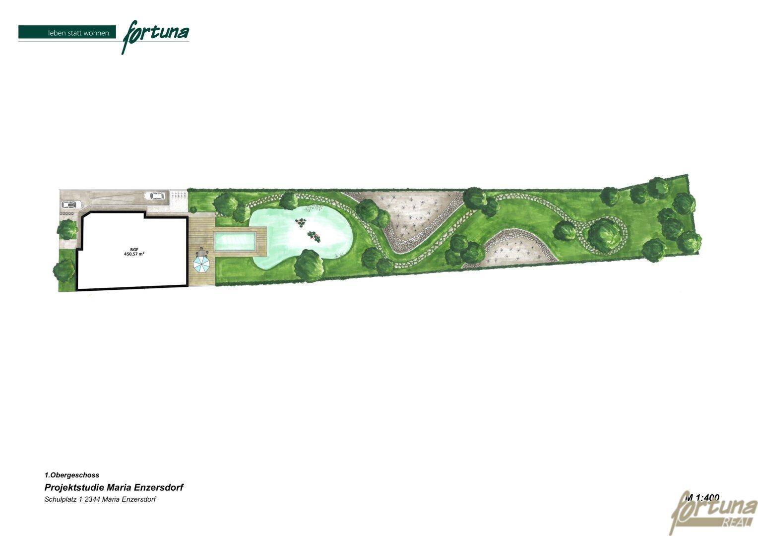 Grundriss des ersten Obergeschosses mit zugehörigem Garten- und Poolbereich im Entwurf.