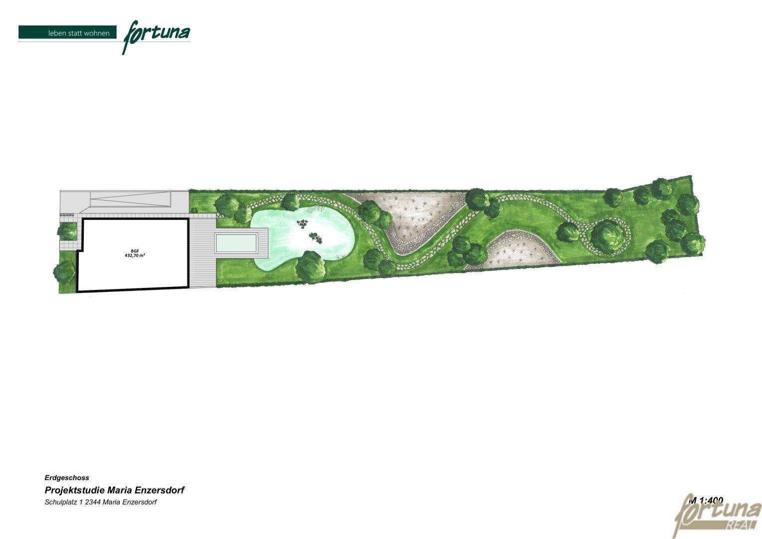 Erdgeschoss-Grundriss mit großzügigem Garten- und Poolbereich, ideal für Familien und Erholung.