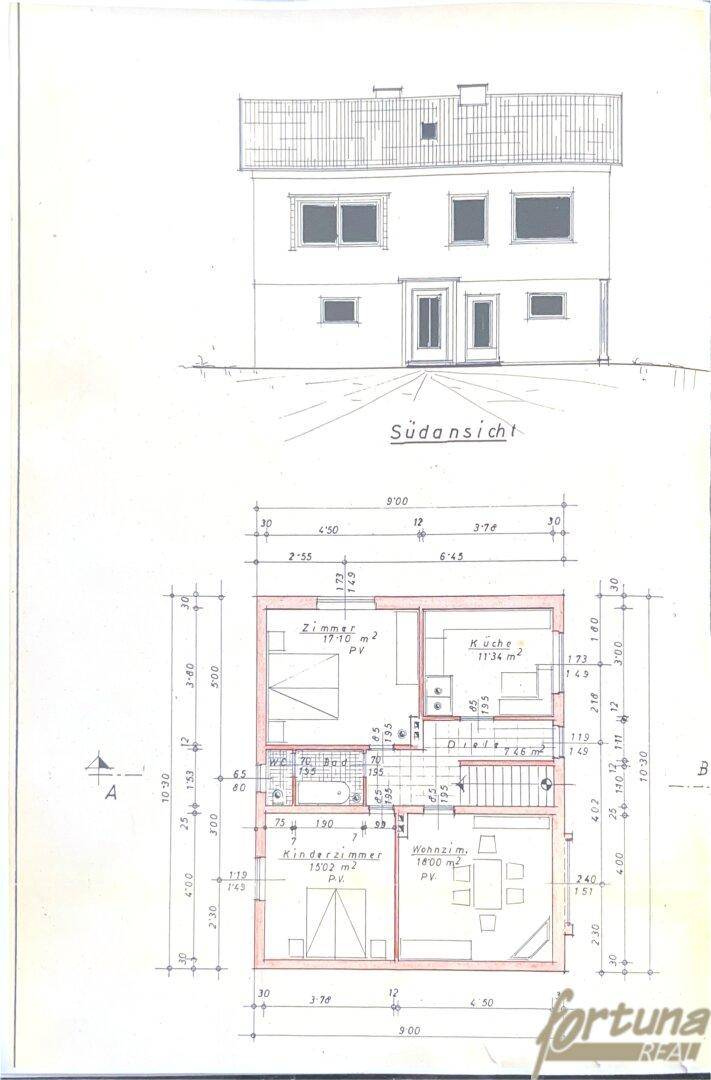 Grundriss mit Südfassade und Raumaufteilung, inklusive Maßen und Zimmerbezeichnungen.