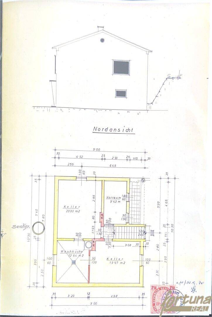 Grundriss des Kellergeschosses mit Nordfassade, detaillierte Ansicht der unteren Ebene.