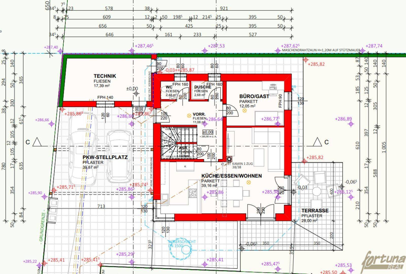 Grundriss des Erdgeschosses mit offenem Wohnbereich, Büro, Technikraum, PKW-Stellplatz und Terrasse.