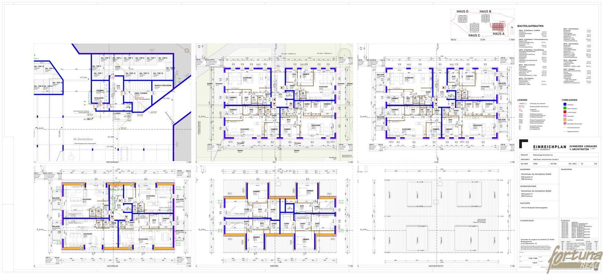 Mehrere Grundrisse der Wohnungen in der Anlage, die verschiedene Layouts und Größen zeigen.