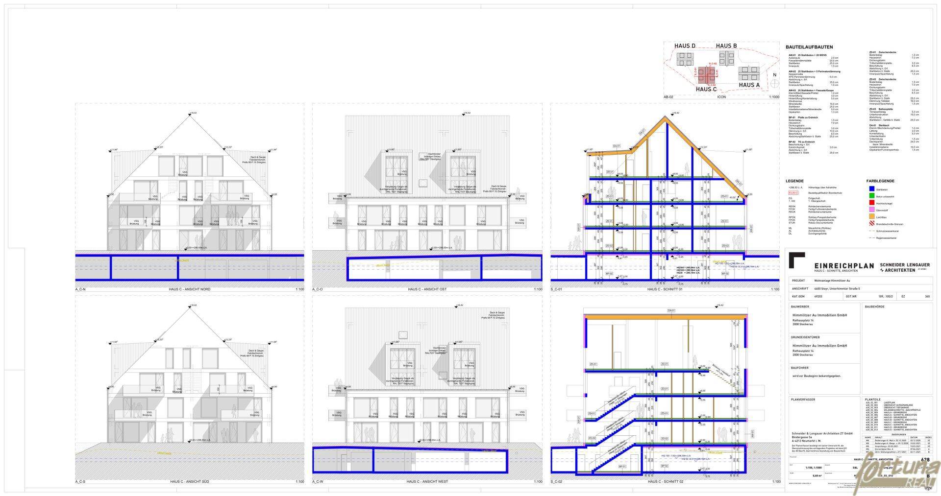 Architektonische Schnitte und Ansichten des Gebäudes mit Dachschrägen und Balkonen.