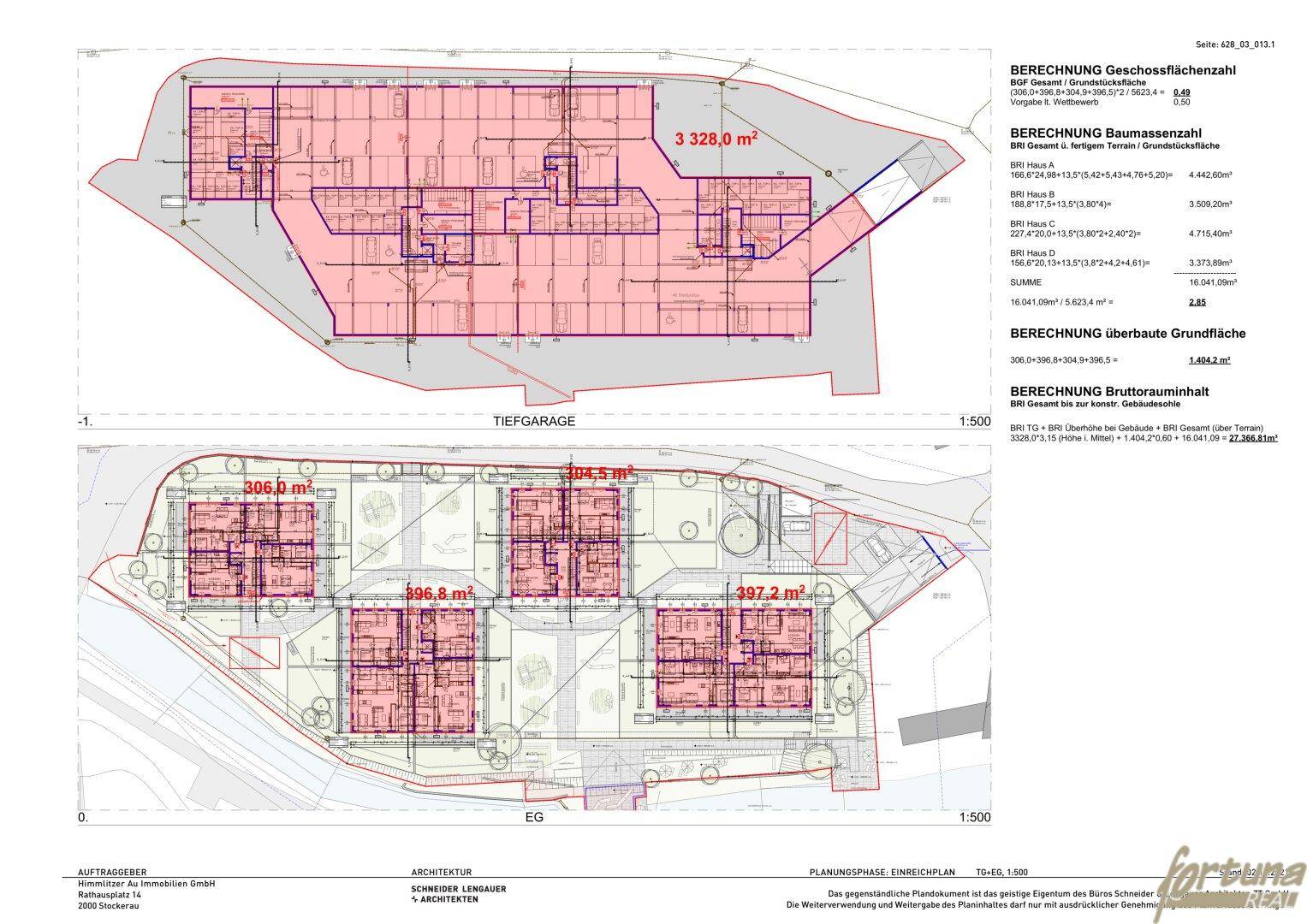 Lageplan des gesamten Areals mit Tiefgarage und den einzelnen Gebäudegrundrissen.