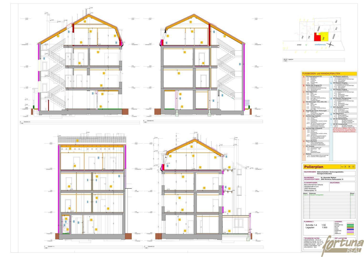 Architektonische Schnitte und Grundrisse, die die vertikale Struktur und Raumaufteilung zeigen.