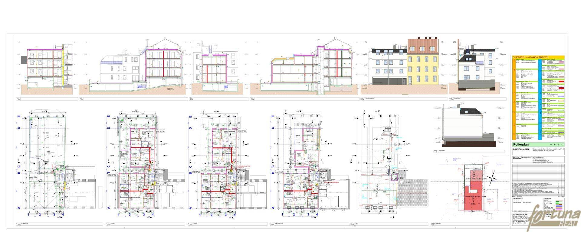 Umfassende Planübersicht mit verschiedenen Grundrissen und Gebäudeschnitten für das gesamte Projekt.