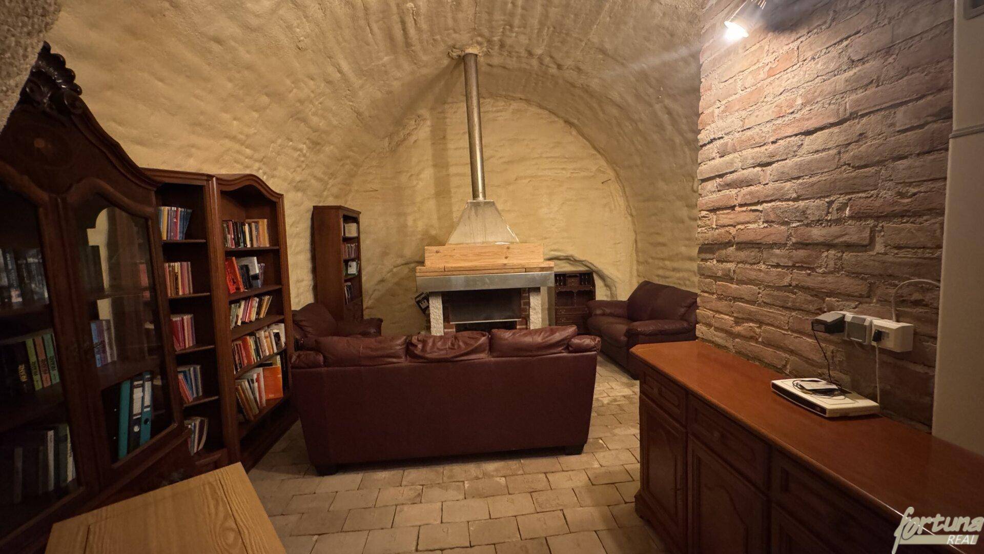Rustikaler Kellerraum mit Gewölbedecke, Kamin und gemütlichen Ledersofas.