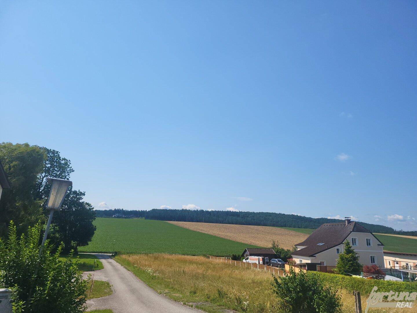 Weitläufiger Blick über grüne Felder und ländliche Umgebung unter strahlend blauem Himmel.