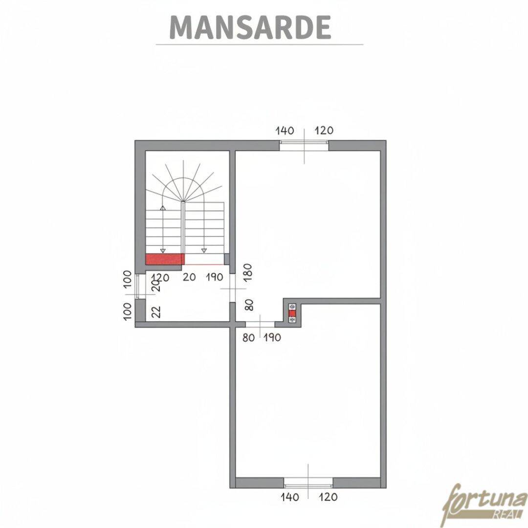 Grundriss der Mansarde mit Treppenaufgang und Aufteilung in mehrere Räume.