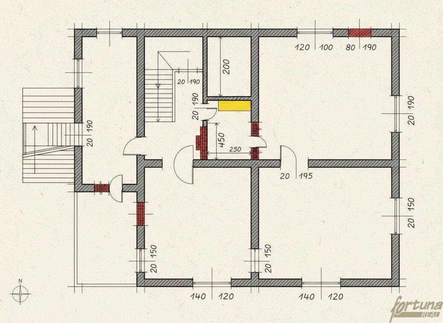 Detaillierter Grundriss einer Etage mit Treppenhaus und klar definierten Räumen.
