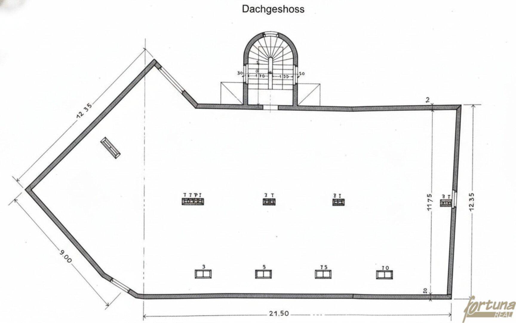 Grundriss des Dachgeschosses mit großem offenem Bereich, mehreren Fenstern und zentralem Treppenhauszugang.