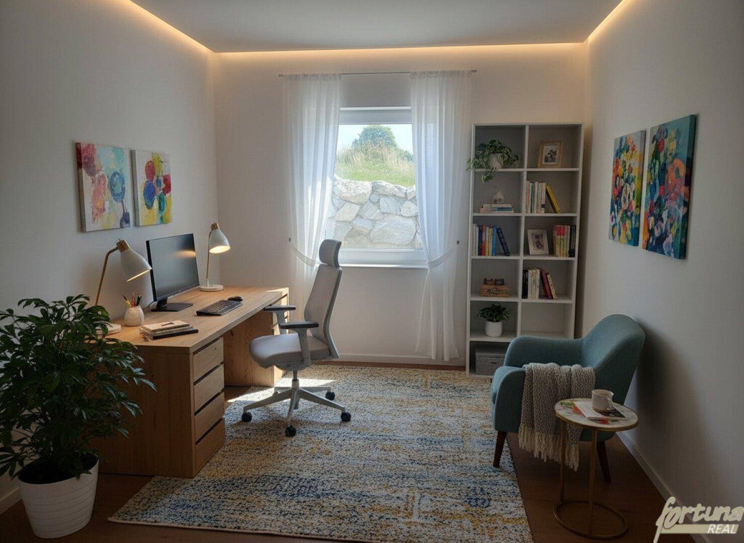 Modernes Home-Office mit Holztisch, ergonomischem Stuhl und Blick ins Grüne.