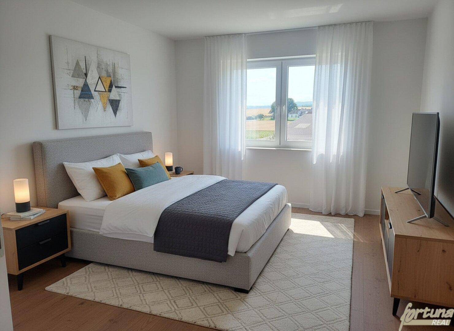 Helles Schlafzimmer mit großem Bett, Holzboden und weitem Blick ins Grüne.