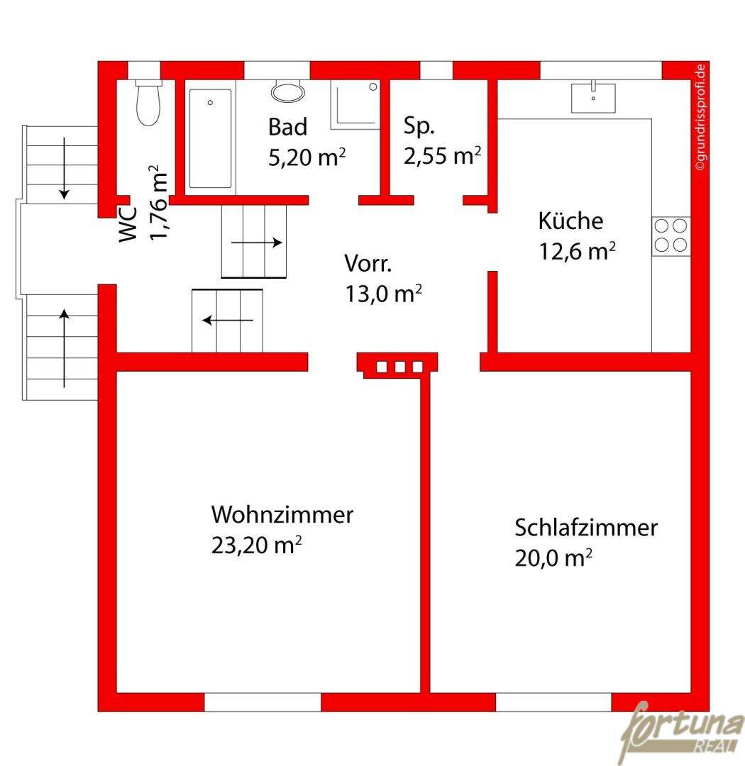 Grundriss des Erdgeschosses mit Wohnzimmer, Schlafzimmer, Küche, Bad und separatem WC.