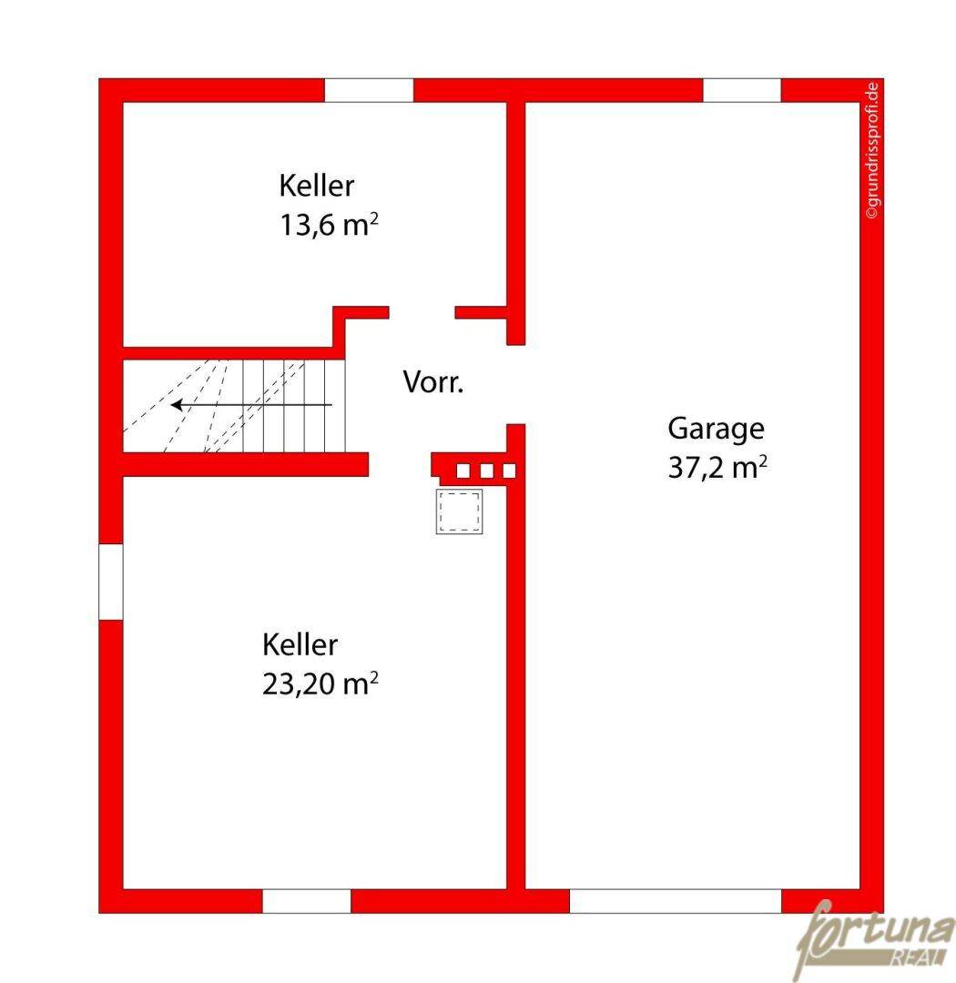 Grundriss des Untergeschosses mit Kellerabteilen, Vorraum und großer Garage.