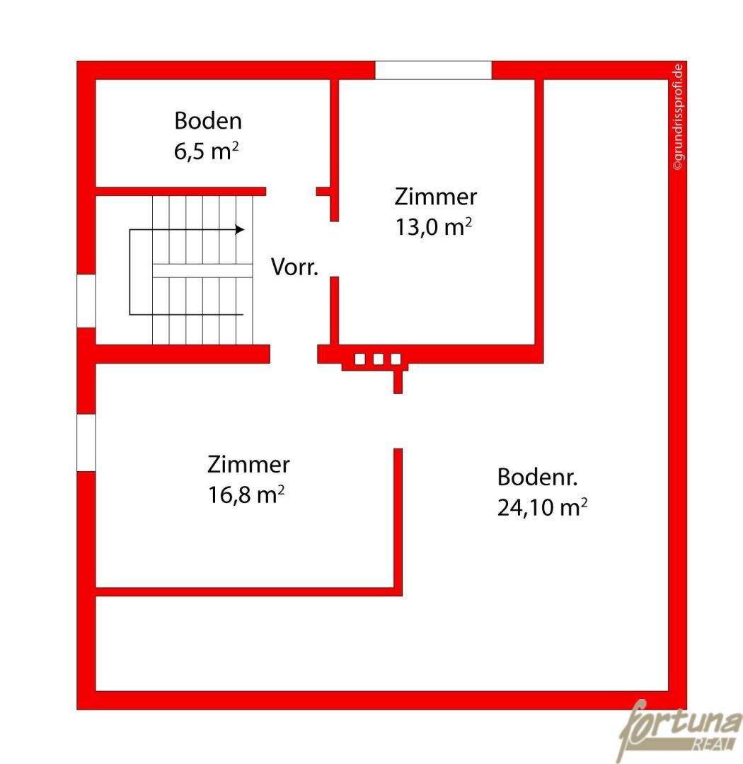 Grundriss des Obergeschosses mit mehreren Zimmern und einem Vorraum.