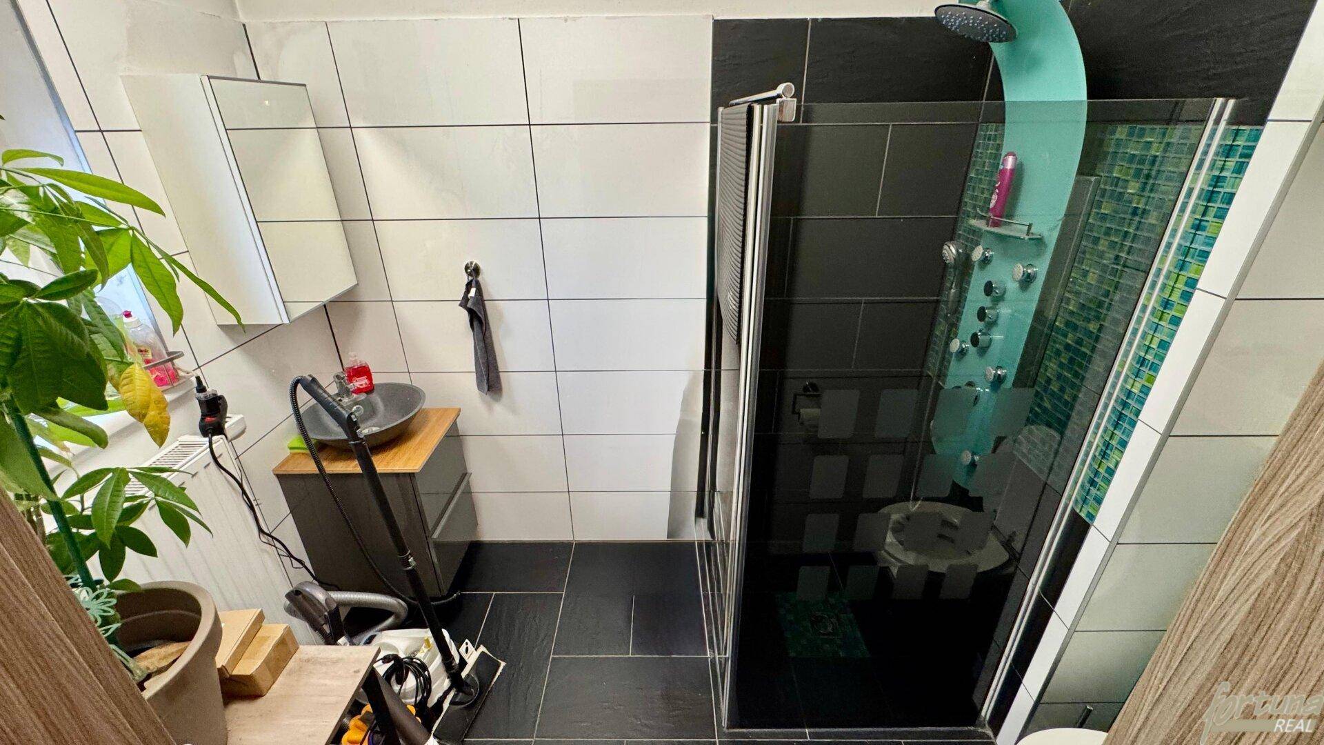 Zeitgemäßes Badezimmer mit großer Duschkabine und modernem runden Waschbecken.