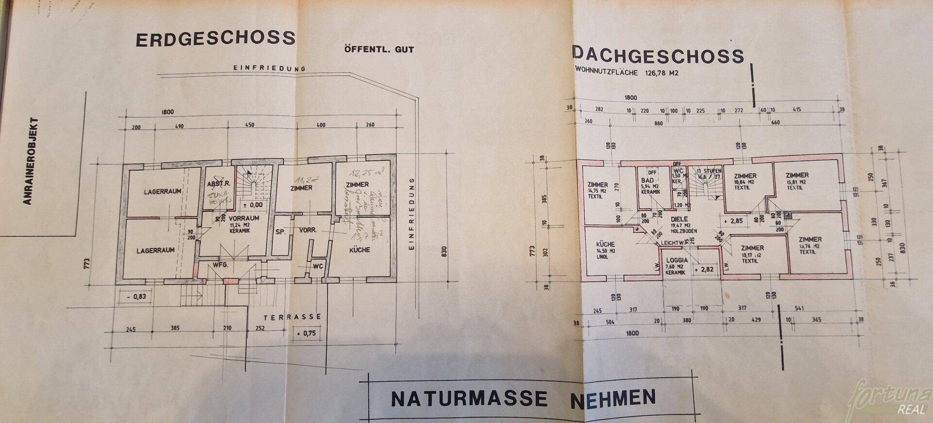 Historischer Grundriss des Erd- und Dachgeschosses mit Raumaufteilung.