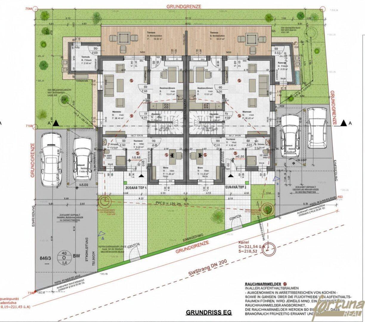 Grundriss des Erdgeschosses mit Garten, Terrasse und Parkplätzen für zwei Doppelhaushälften.