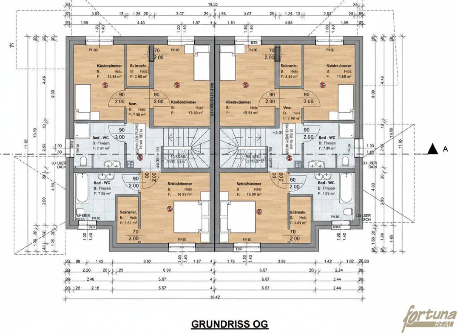 Grundriss des Obergeschosses mit Schlafzimmern, Bädern und dem zentralen Treppenaufgang.