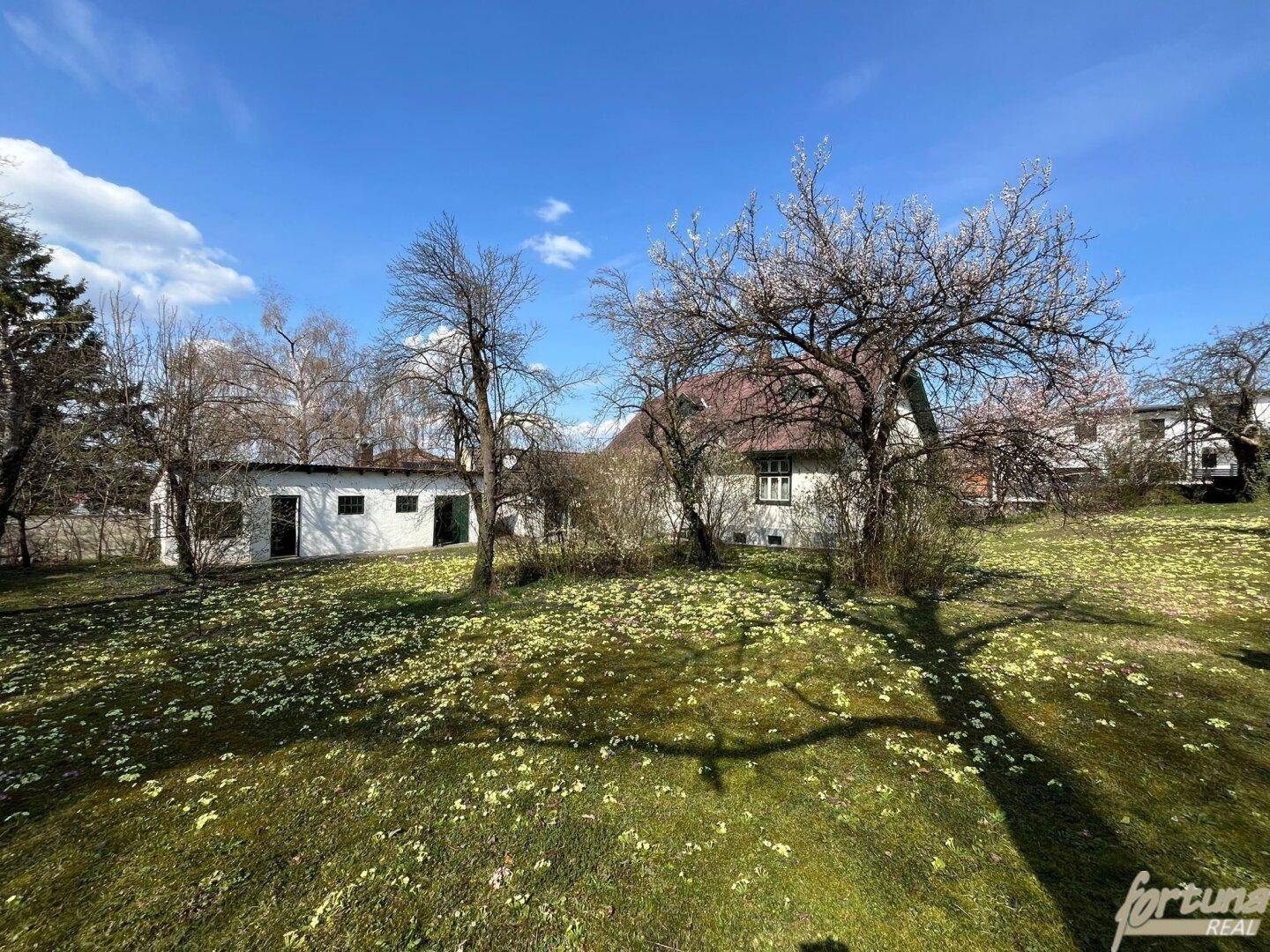 Weitläufiger Gartenbereich mit blühenden Bäumen und einem Nebengebäude im Hintergrund.
