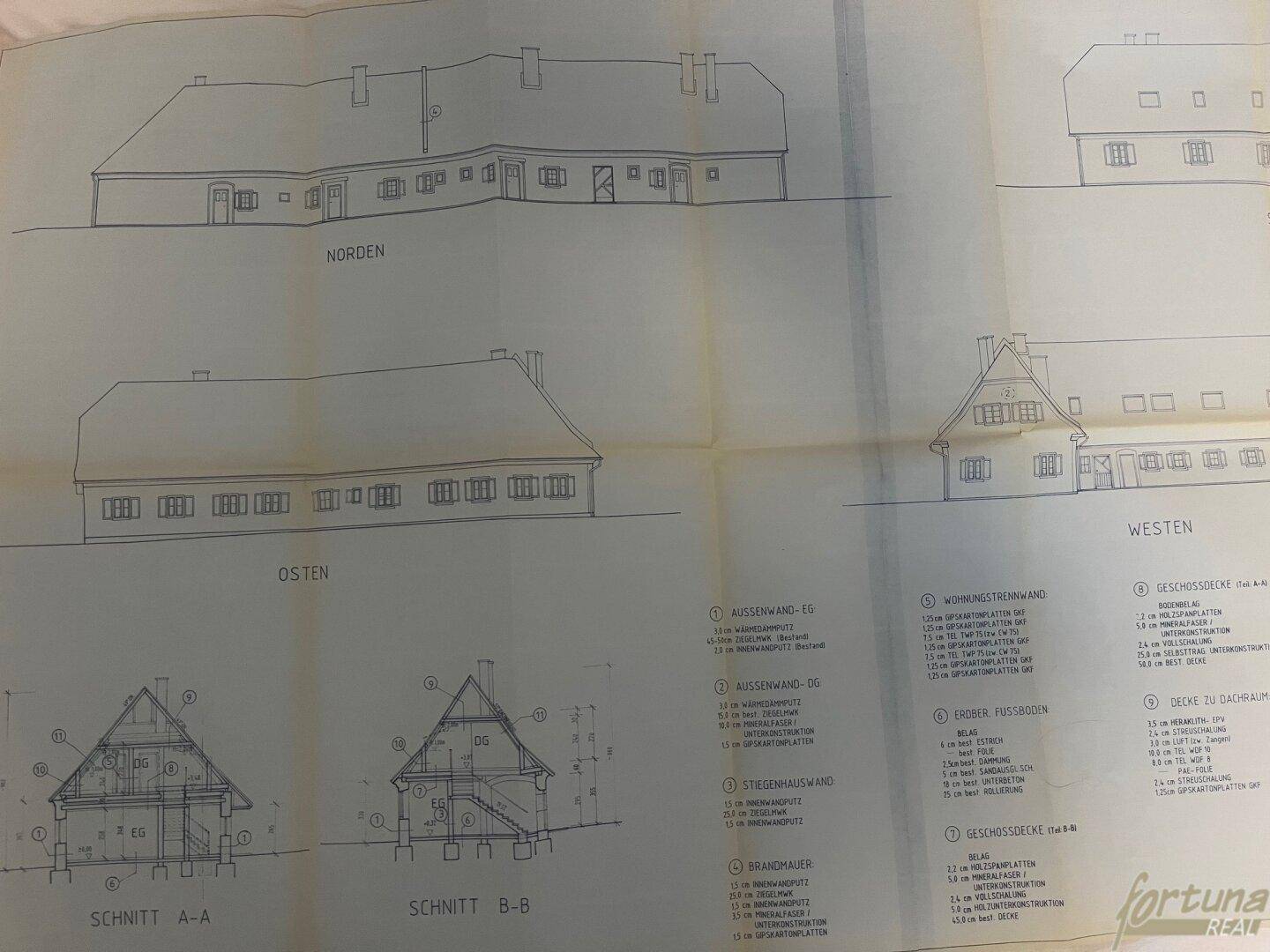 Verschiedene Gebäudeansichten von Norden, Osten und Westen sowie Querschnitte mit Dachdetails.