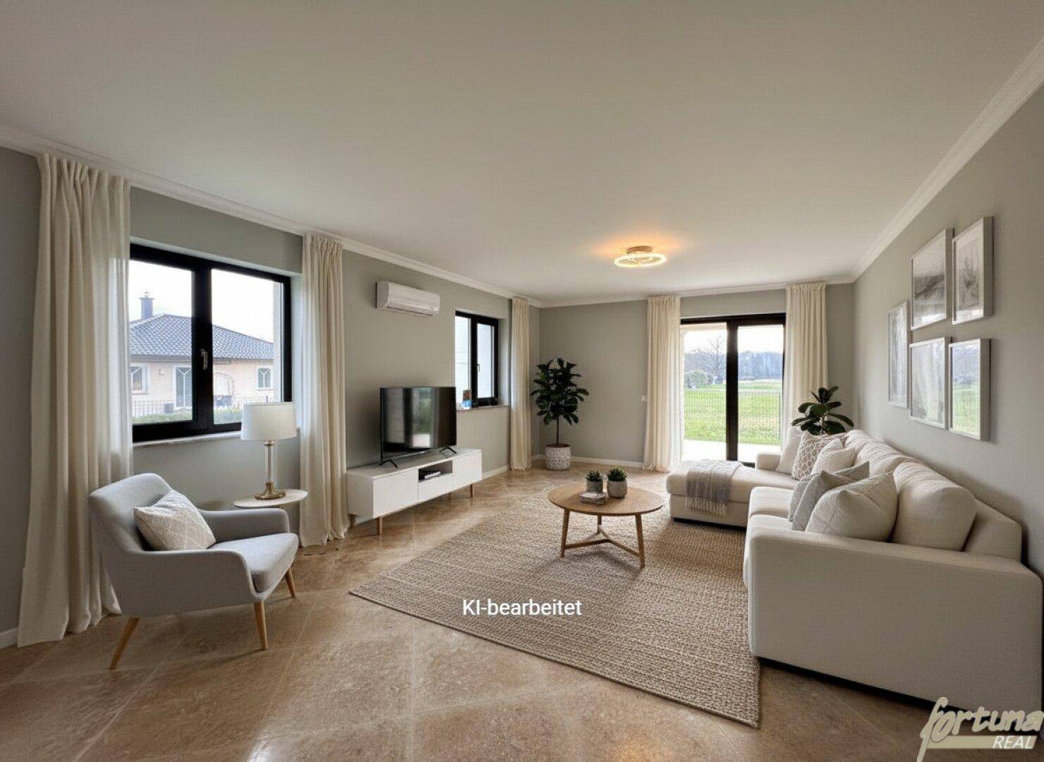 Modern eingerichtetes Wohnzimmer mit hellem Fliesenboden, Klimaanlage und weitem Blick ins Grüne.