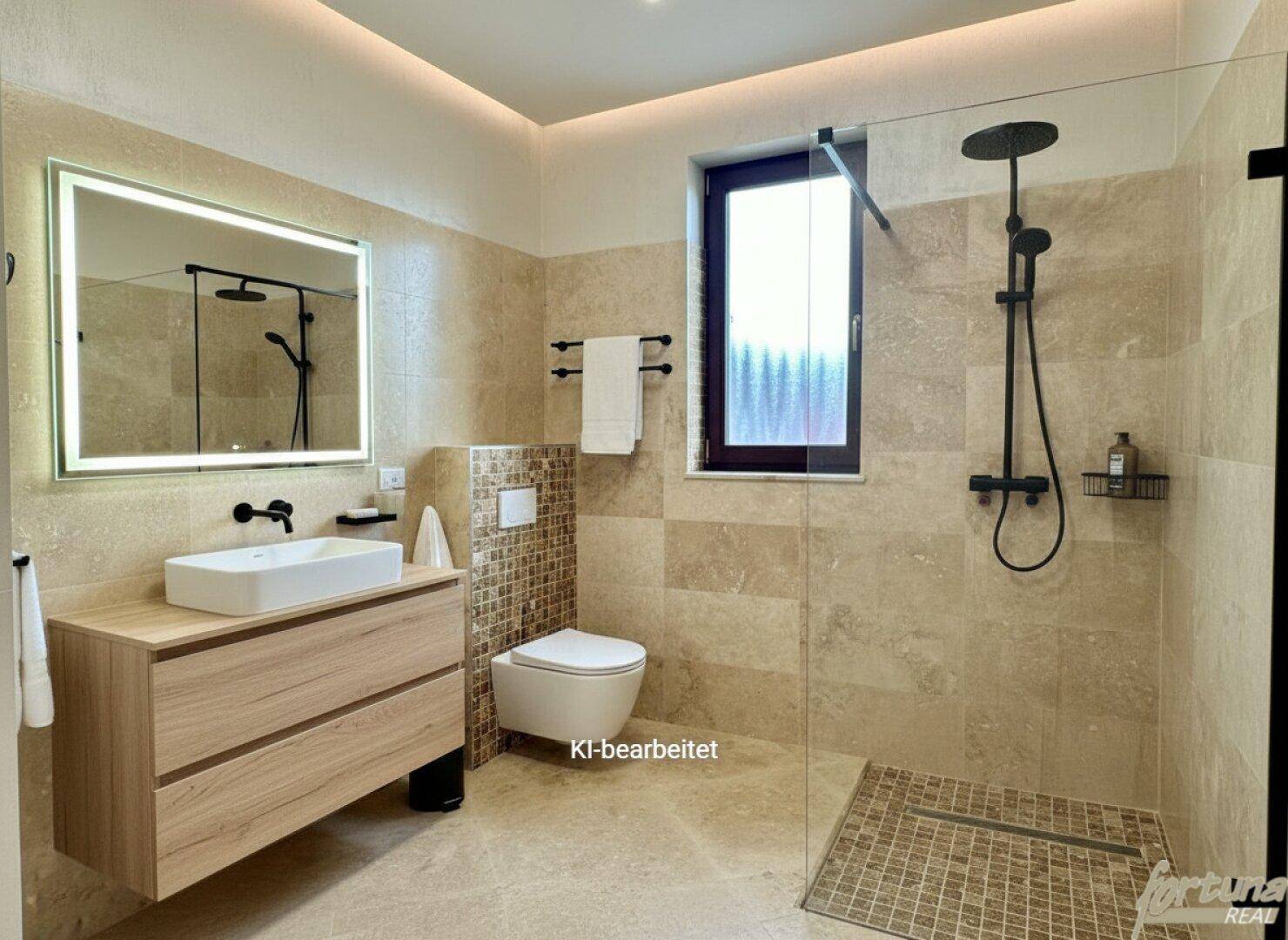 Modernes Badezimmer mit begehbarer Dusche, Fenster, Einzelwaschbecken und eleganten Fliesen.