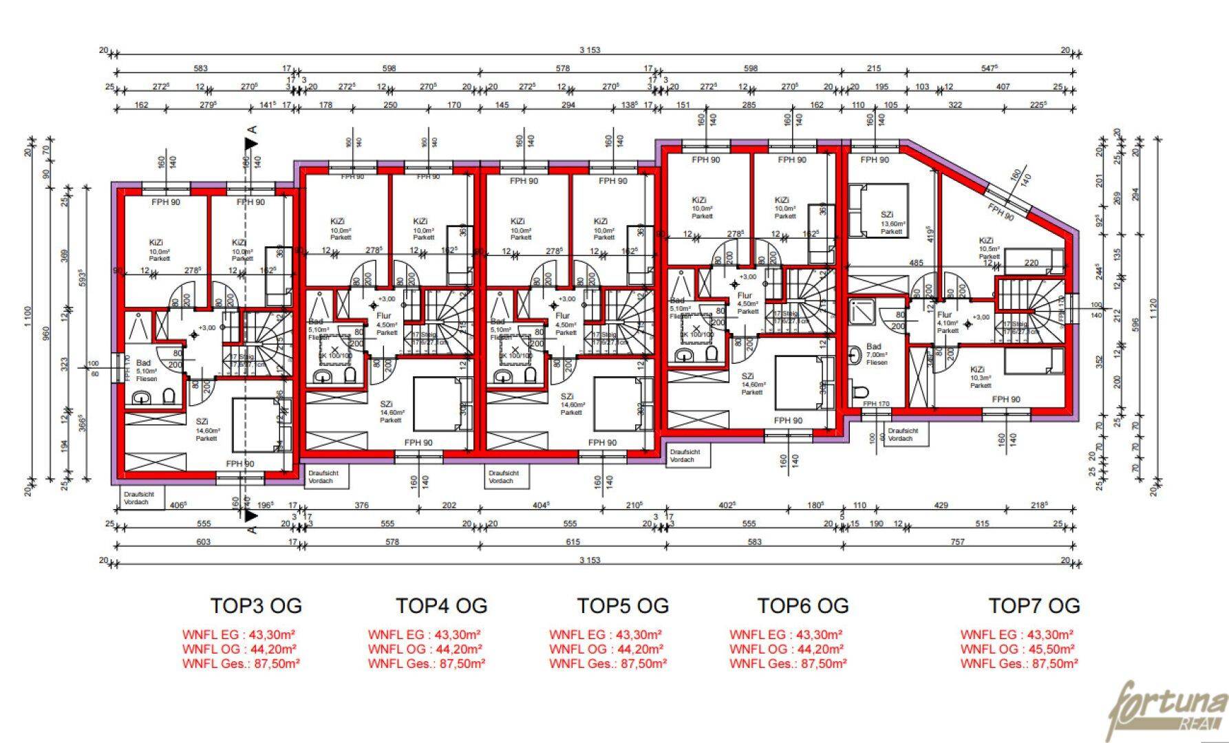 Grundrissplan des Obergeschosses mit mehreren Wohneinheiten und detaillierten Raumaufteilungen.